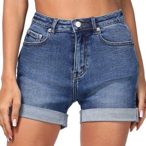 NWT - Women's Stretchy High Waisted Denim Shorts - Dark Wash